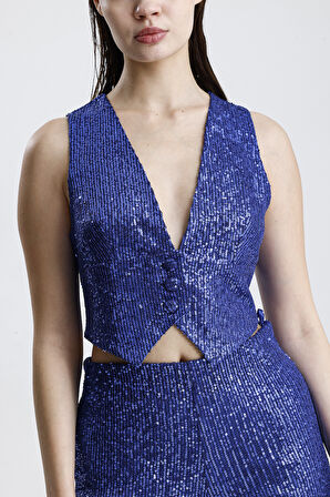 Astarlı Pulpayet Abiye Yelek | YLK36418 Saks