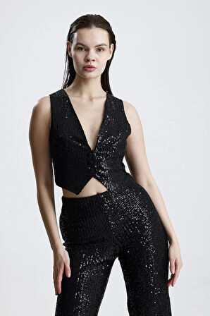 Astarlı Pulpayet Abiye Yelek | YLK36418 Siyah