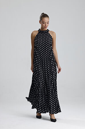 Boyundan Bağlamali Piliseli  Kolsuz Saten Elbise | Elb34513 Siyah Puantiyeli