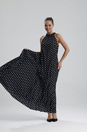 Boyundan Bağlamali Piliseli  Kolsuz Saten Elbise | Elb34513 Siyah Puantiyeli