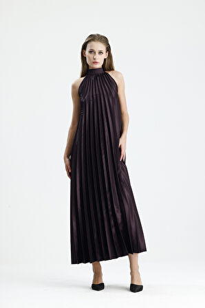 Yüksek Yaka Pile Detaylı Saten  Maxi Elbise | Elb34513 Murdum