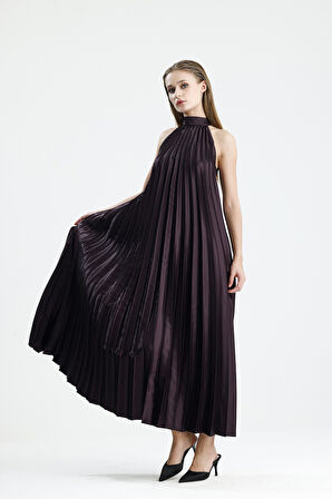 Yüksek Yaka Pile Detaylı Saten  Maxi Elbise | Elb34513 Murdum