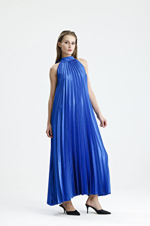 Yüksek Yaka Pile Detaylı Saten  Maxi Elbise | Elb34513 Saks