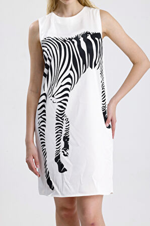 Havuz Yaka Dijital Baskılı Saten Elbise | ELB36420 Beyaz