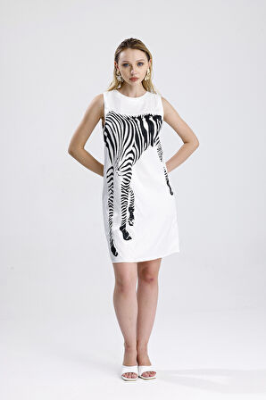 Havuz Yaka Dijital Baskılı Saten Elbise | ELB36420 Beyaz