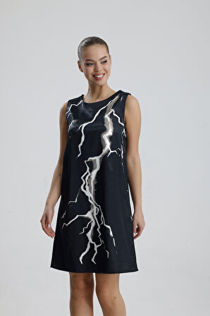 Havuz Yaka Dijital Baskılı Saten Elbise | ELB36420 Siyah