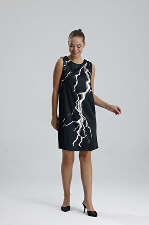 Havuz Yaka Dijital Baskılı Saten Elbise | ELB36420 Siyah