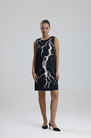 Havuz Yaka Dijital Baskılı Saten Elbise | ELB36420 Siyah