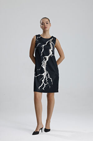 Havuz Yaka Dijital Baskılı Saten Elbise | ELB36420 Siyah