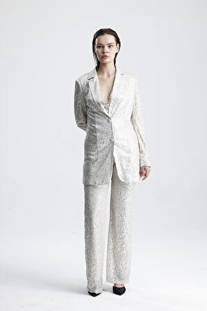 Payetli Yelekli KadınAbiye  Takım - Şık Blazer Ceket, Yelek ve Pantolon Bej