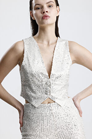 Payetli Yelekli KadınAbiye  Takım - Şık Blazer Ceket, Yelek ve Pantolon Bej