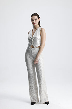 Payetli Yelekli KadınAbiye  Takım - Şık Blazer Ceket, Yelek ve Pantolon Bej