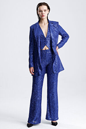 Payetli Yelekli KadınAbiye  Takım - Şık Blazer Ceket, Yelek ve Pantolon Saks