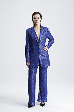 Payetli Yelekli KadınAbiye  Takım - Şık Blazer Ceket, Yelek ve Pantolon Saks