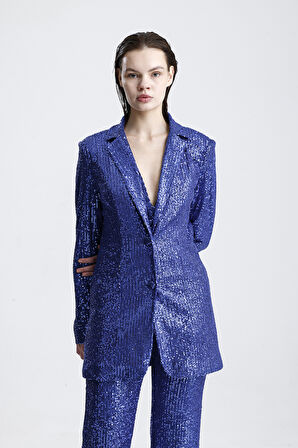Payetli Yelekli KadınAbiye  Takım - Şık Blazer Ceket, Yelek ve Pantolon Saks