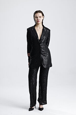 Payetli Yelekli KadınAbiye  Takım - Şık Blazer Ceket, Yelek ve Pantolon Siyah