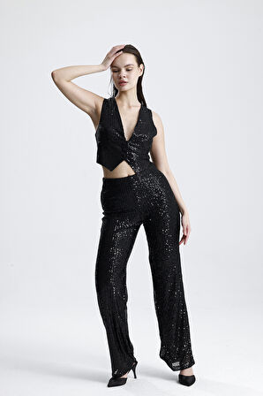 Payetli Yelekli KadınAbiye  Takım - Şık Blazer Ceket, Yelek ve Pantolon Siyah