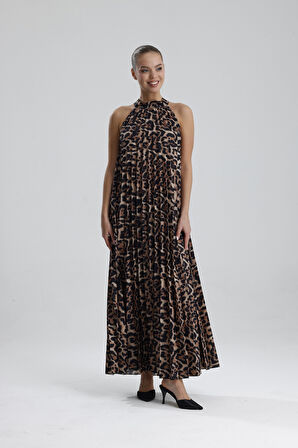 Boyundan Bağlamali Piliseli  Kolsuz Saten Elbise | Elb34513 Siyah Kahve Leopar