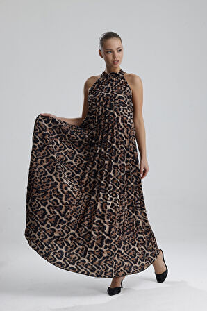 Boyundan Bağlamali Piliseli  Kolsuz Saten Elbise | Elb34513 Siyah Kahve Leopar