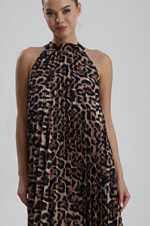 Boyundan Bağlamali Piliseli  Kolsuz Saten Elbise | Elb34513 Siyah Kahve Leopar