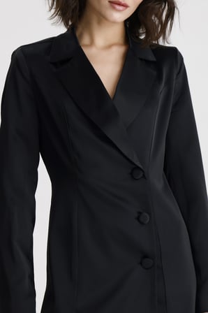 Kruvaze Yaka İçi Astarlı Saten Blazer Ceket  Elbise | ELB36615 Siyah