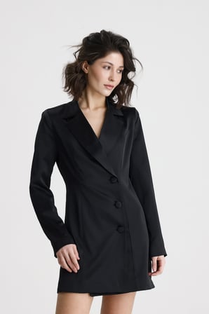 Kruvaze Yaka İçi Astarlı Saten Blazer Ceket  Elbise | ELB36615 Siyah