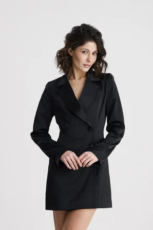 Kruvaze Yaka İçi Astarlı Saten Blazer Ceket  Elbise | ELB36615 Siyah