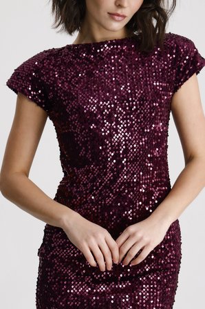 Astarlı Vatkalı Mini Payet Elbise | ELB36664 Bordo