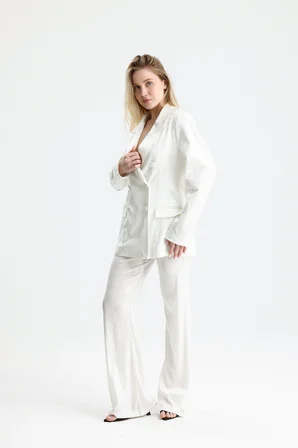Kruvaze Düğmeli Kadın Blazer Payet Ceket | CKT36693 Beyaz