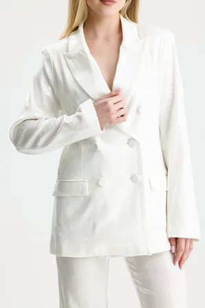 Kruvaze Düğmeli Kadın Blazer Payet Ceket | CKT36693 Beyaz