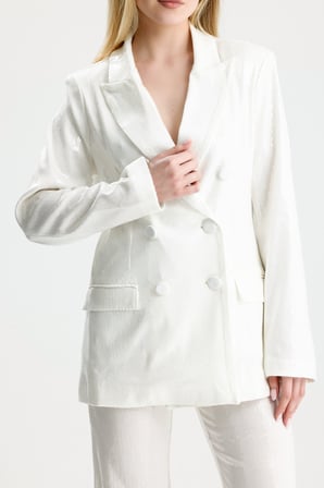 Kruvaze Düğmeli Kadın Blazer Payet Ceket | CKT36693 Beyaz