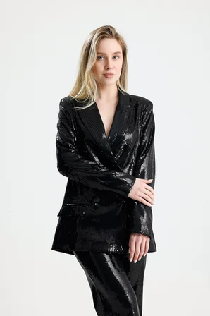 Kruvaze Düğmeli Kadın Blazer Payet Ceket | CKT36693 Siyah