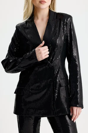 Kruvaze Düğmeli Kadın Blazer Payet Ceket | CKT36693 Siyah