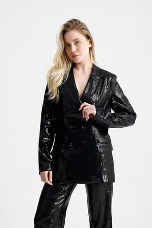 Kruvaze Düğmeli Kadın Blazer Payet Ceket | CKT36693 Siyah