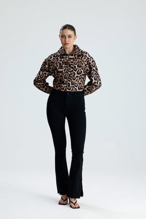 İÇİ ASTARLI  METAL FERMUARLI LEOPAR KISA MONT |  MNT36707 Leopar Desenli