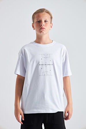 Futbol Sahası Desenli %100 Pamuk Erkek Çocuk  Oversize Tişört