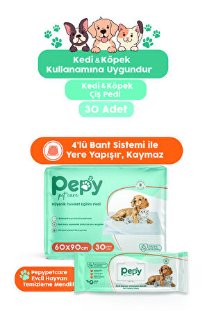 Kedi Ve Köpek Kullanımına Uygun Çiş Pedi Yatak Koruyucu 60x90cm + Evcil Hayvan Temizleme Mendili