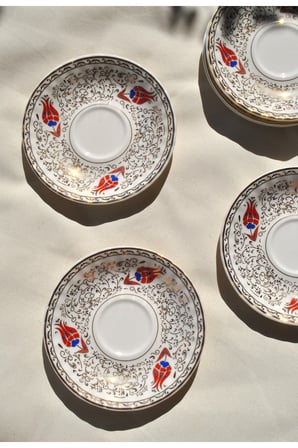 6'lı Porselen Çay Tabağı Altın İşlemeli Kırmızı Lale Gold 12 Cm Çay Tabak Seti -Redlal