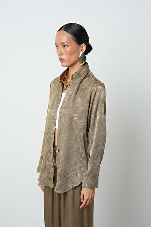 Kadın Haki Renk Desenli Altın Düğmeli Gömlek
