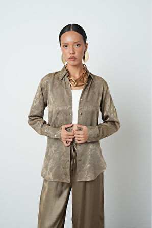 Kadın Haki Renk Desenli Altın Düğmeli Gömlek