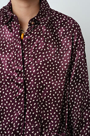 Kadın Bordo Renk Desenli Yandan Bağlamalı Gömlek