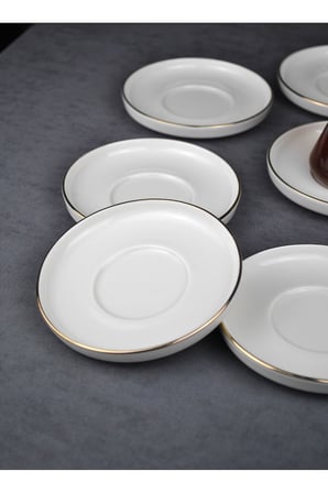 6 Kişilik Porselen Çay Tabağı Gold Yaldızlı 6 Adet Sade Modern Çay Tabak -Çizgili