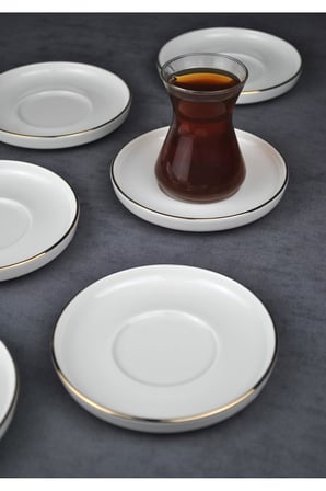 6 Kişilik Porselen Çay Tabağı Gold Yaldızlı 6 Adet Sade Modern Çay Tabak -Çizgili
