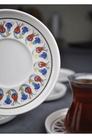 6'lı Porselen Çay Tabağı Yaldızlı Lale Motifli Gold Çay Tabak Çini Desen-Tuna