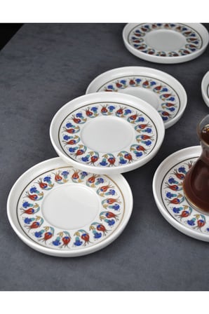 6'lı Porselen Çay Tabağı Yaldızlı Lale Motifli Gold Çay Tabak Çini Desen-Tuna