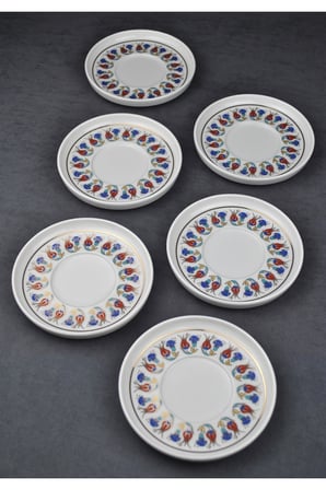6'lı Porselen Çay Tabağı Yaldızlı Lale Motifli Gold Çay Tabak Çini Desen-Tuna