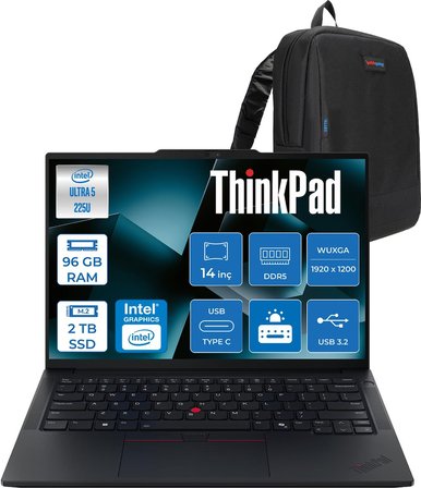 Lenovo Thinkpad E14 Gen 7 Intel Core Ultra 5 225U 96GB Ddr5 2tb SSD Freedos Intel Aı Boost 14 Inç Wuxga (1920 x 1200) IPS 300NITS Taşınabilir Bilgisayar 21SX007DTXF39 + Zetta Çanta