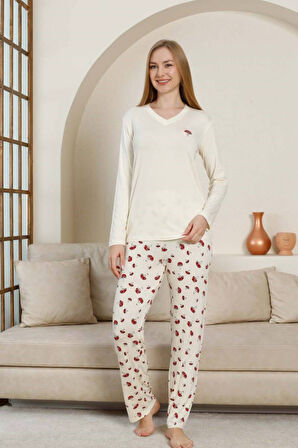 Kadın V Yaka Düğmesiz Mantar Desen Likralı Viskon Mevsimlik Uzun Kol Pijama Takımı