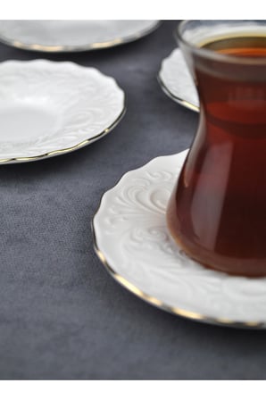 6 Kişilik Porselen Çay Tabağı Kabartma Desenli Yaldzlı 6 Adet Çay Tabak- Pera
