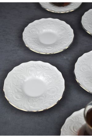 6 Kişilik Porselen Çay Tabağı Kabartma Desenli Yaldzlı 6 Adet Çay Tabak- Pera
